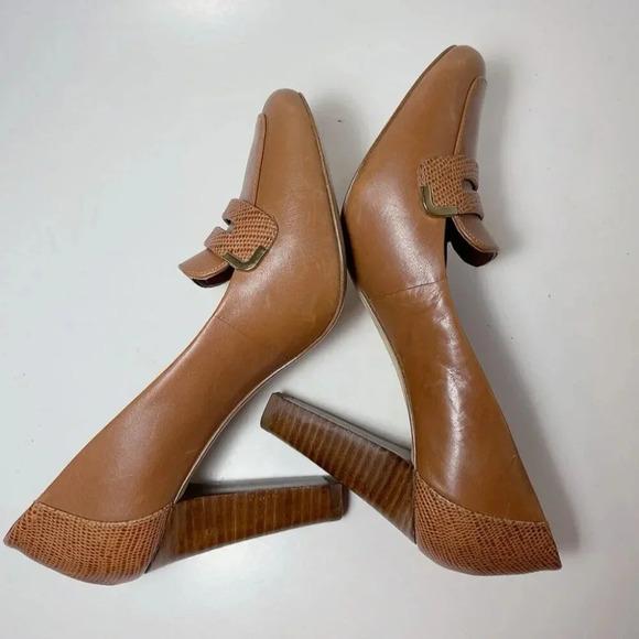 Banana Republic Womnes 7  Leather Buckle Accent Stacked Heel Slip-on Cognac - Picture 8 of 12